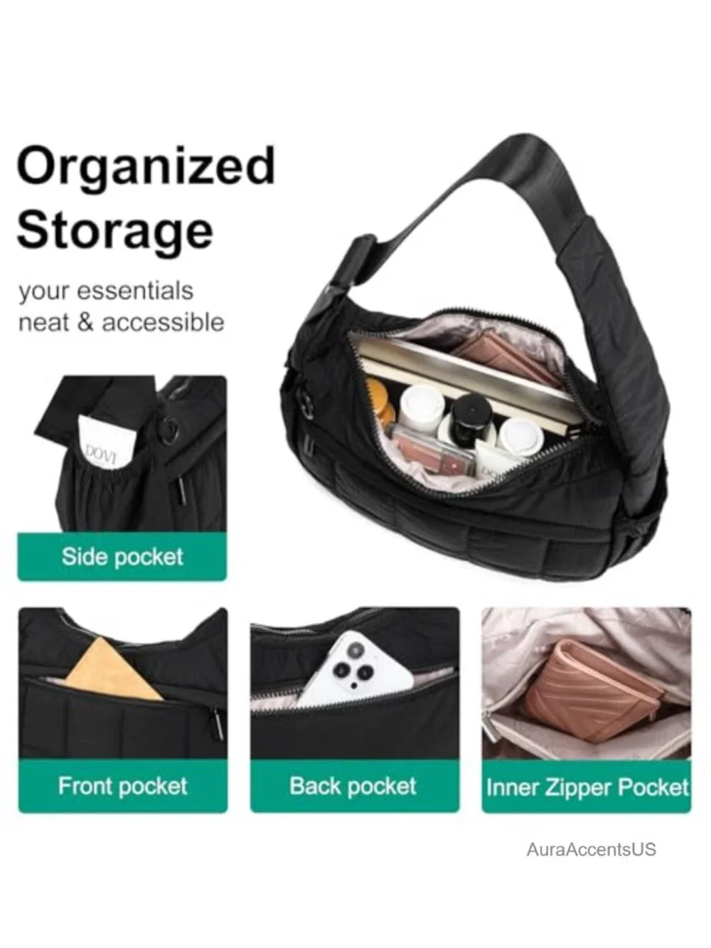 Quilted Puffer Crescent Hobo Bag with Adjustable Strap - Small Shoulder Bag